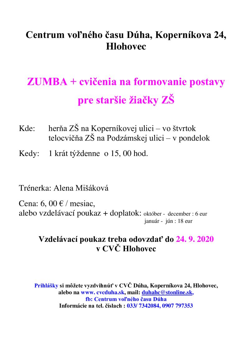 ZUMBA pre staršie žiačky ZŠ